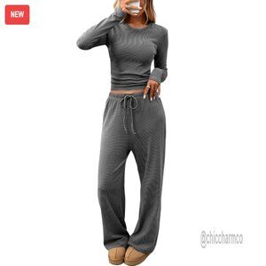 Striped Long Sleeve Top and Wide Leg Palazzo Pants Lounge Set